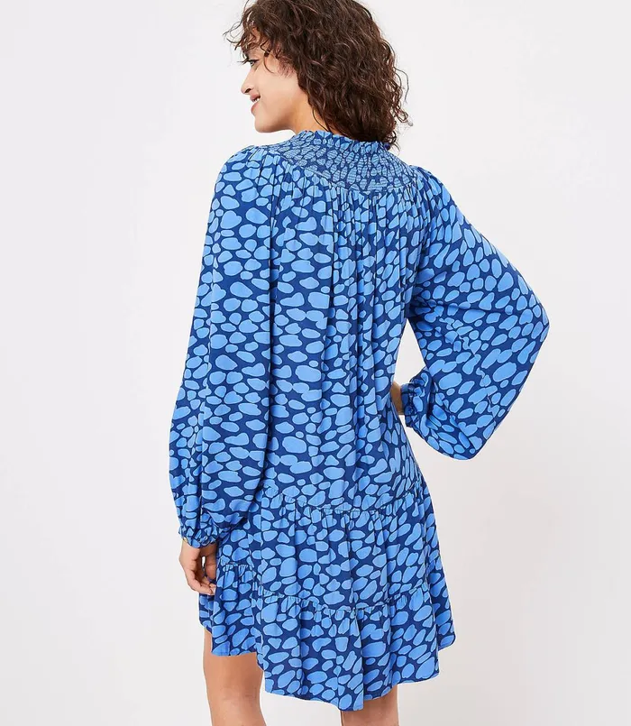 LOFT Petite Cheetah Print Smocked Yoke Swing Dress Urban Blue Women Petite Dresses