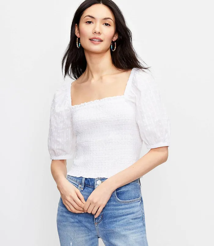 LOFT Petite Clip Smocked Blouse White Women Petite Tops