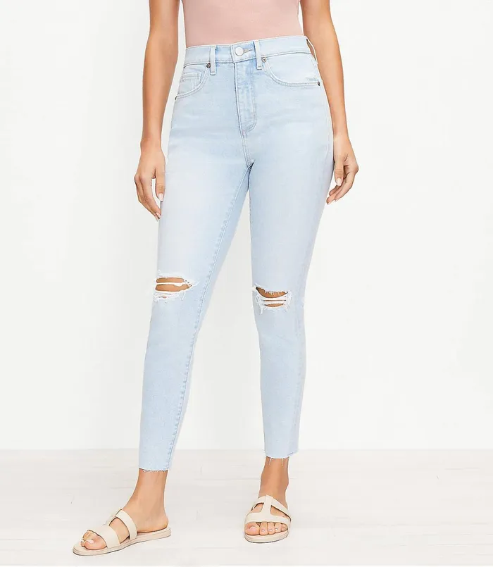 LOFT Petite Curvy Destructed High Rise Skinny Ankle Jeans In Bleach Out Wash Bleach Out Wash Women Petite Jeans