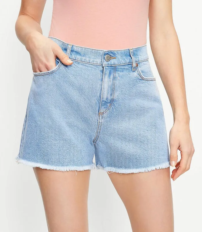 LOFT Petite Distressed High Rise Cut Off Denim Shorts In Original Mid Indigo Wash Original Mid Indigo Wash Women Petite Jeans LOFT Petite Distressed High Rise Cut Off Denim Shorts In Original Mid Indigo Wash Original Mid Indigo Wash Women Petite Jeans