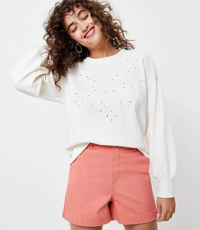 LOFT Petite Eyelet Sweatshirt Whisper White Women Petite Tees
