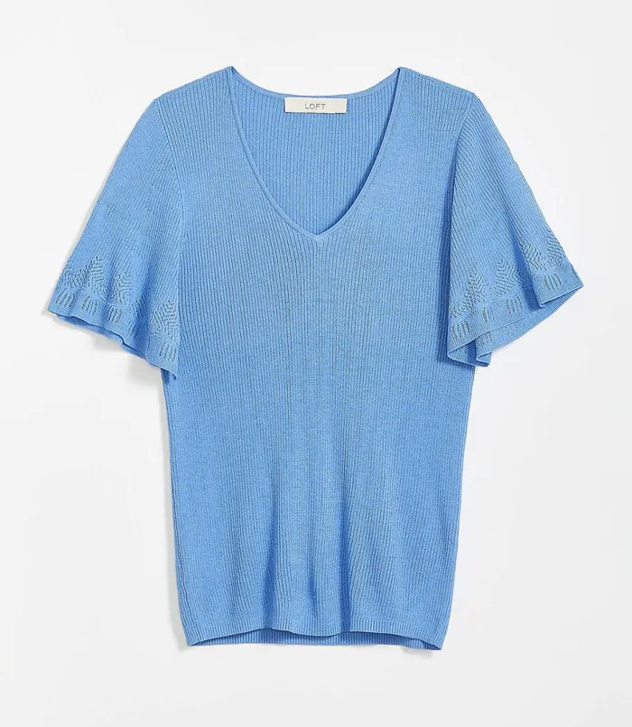 LOFT Petite Pointelle Flutter Sleeve Sweater Tee Glittering Sapphire Women Petite Sweaters