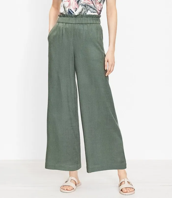 LOFT Petite Pull On Wide Leg Pants In Linen Blend Black Women Petite Pants