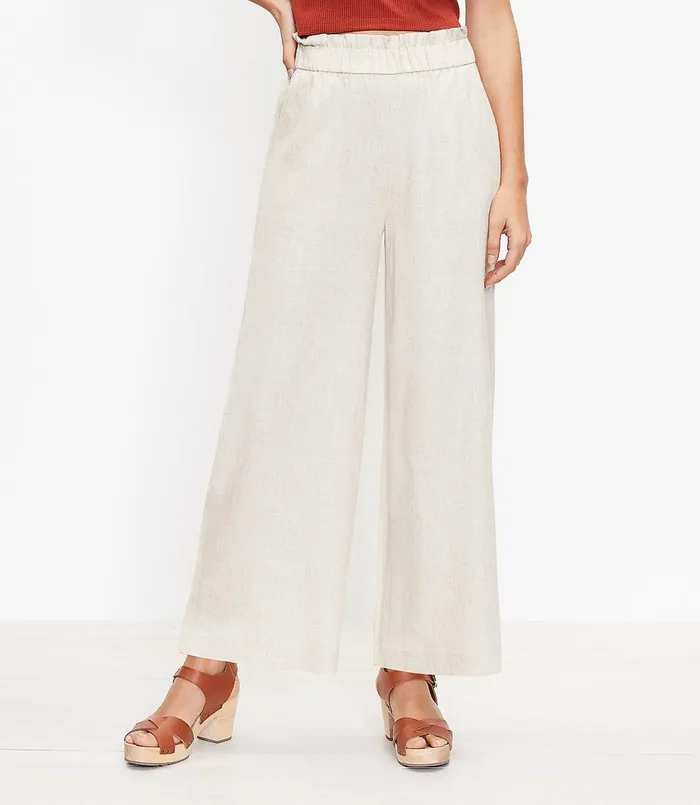 LOFT Petite Pull On Wide Leg Pants In Linen Blend Neutral Multi Women Petite Pants LOFT Petite Pull On Wide Leg Pants In Linen Blend Neutral Multi Women Petite Pants