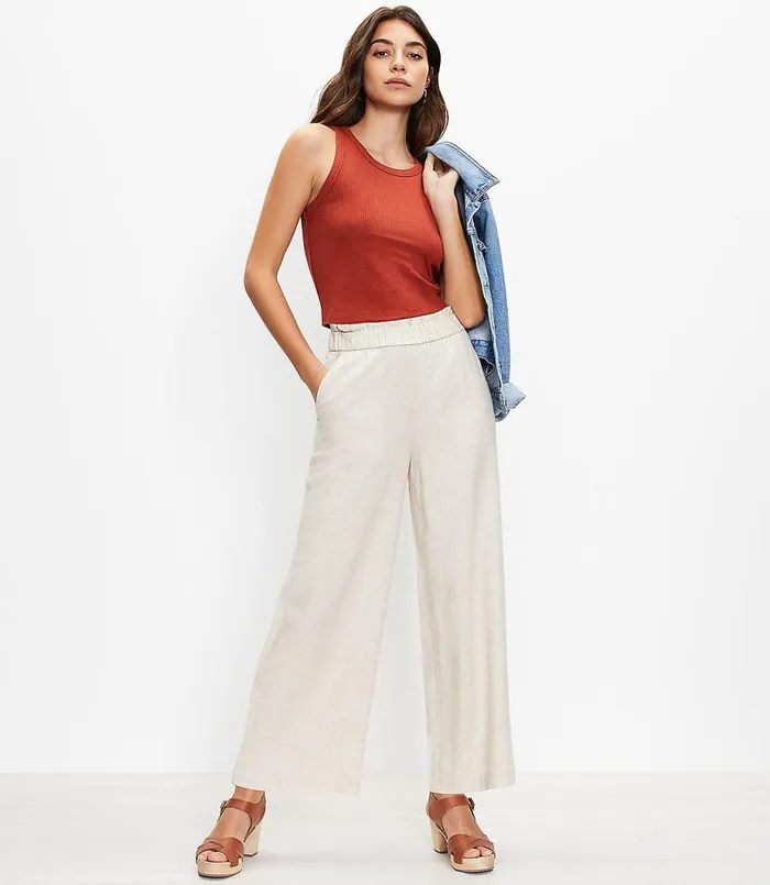 LOFT Petite Pull On Wide Leg Pants In Linen Blend Neutral Multi Women Petite Pants