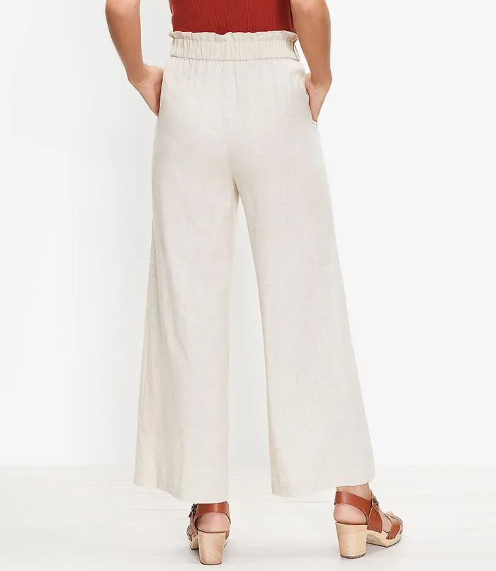 LOFT Petite Pull On Wide Leg Pants In Linen Blend Neutral Multi Women Petite Pants