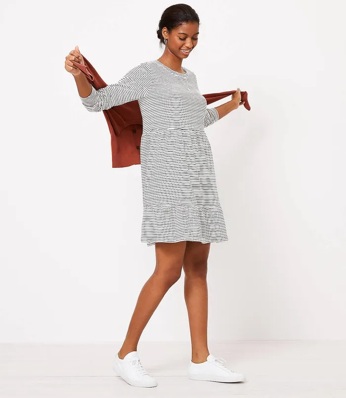 LOFT Petite Striped Tiered Swing Dress Blackwhite Multi Women Petite Dresses