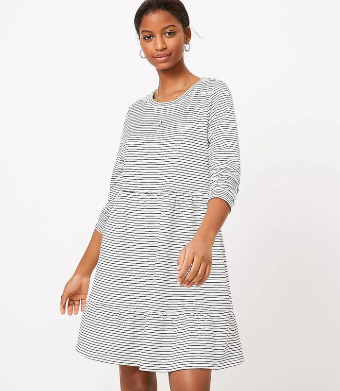 LOFT Petite Striped Tiered Swing Dress Blackwhite Multi Women Petite Dresses