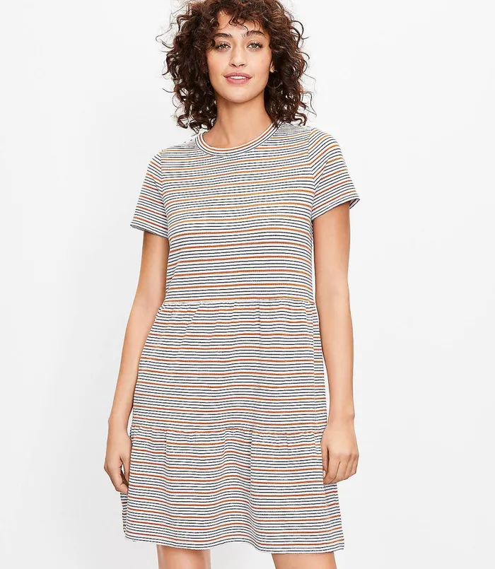 LOFT Petite Striped Tiered Tee Dress Whisper White Women Petite Dresses