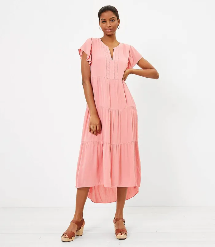 LOFT Petite Tiered Flutter Sleeve Midi Dress Pale Tea Rose Women Petite Dresses LOFT Petite Tiered Flutter Sleeve Midi Dress Pale Tea Rose Women Petite Dresses