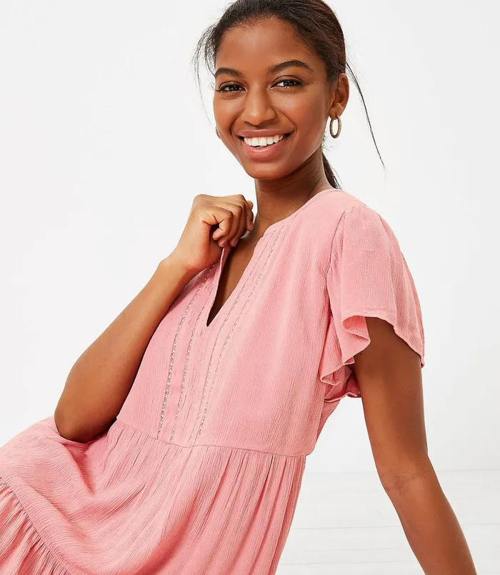 LOFT Petite Tiered Flutter Sleeve Midi Dress Pale Tea Rose Women Petite Dresses