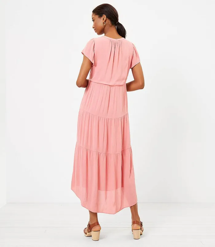 LOFT Petite Tiered Flutter Sleeve Midi Dress Pale Tea Rose Women Petite Dresses