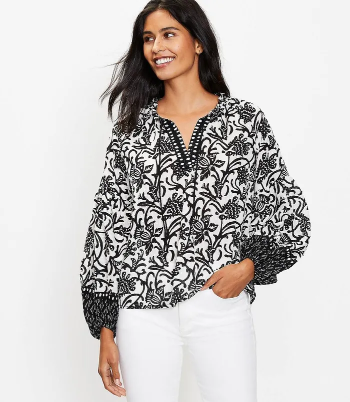 LOFT Petite Vine Split Neck Blouse Black Women Petite Tops