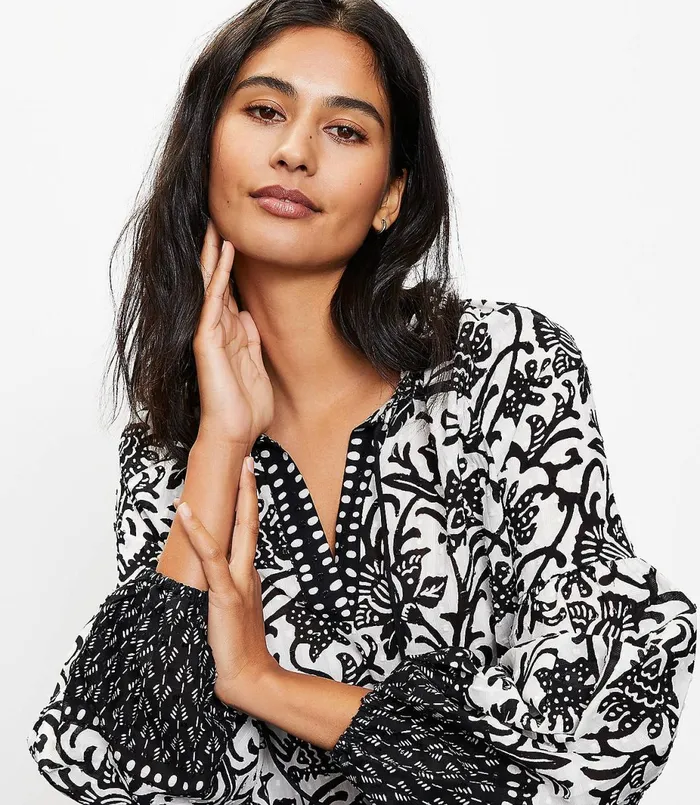 LOFT Petite Vine Split Neck Blouse Black Women Petite Tops