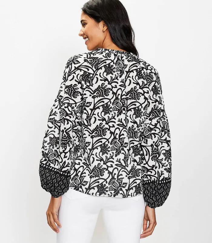 LOFT Petite Vine Split Neck Blouse Black Women Petite Tops