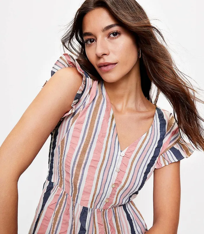 LOFT Striped Henley Ruffle Sleeve Dress Whisper White Women Swing Dresses