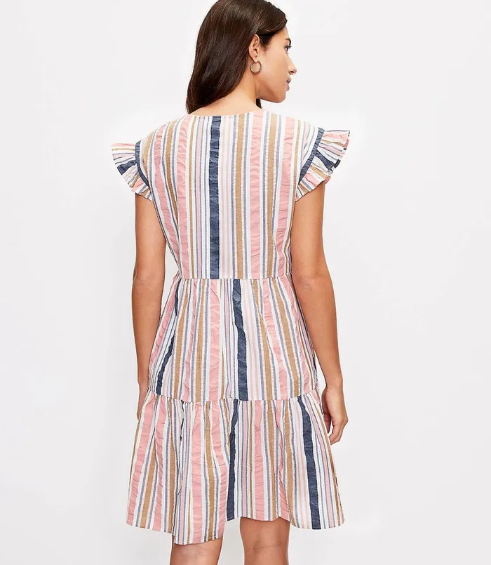 LOFT Striped Henley Ruffle Sleeve Dress Whisper White Women Swing Dresses