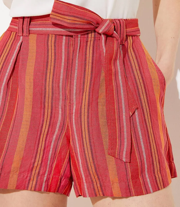 LOFT Striped Linen Blend Tie Waist Shorts Red Stripe Women Petite Shorts