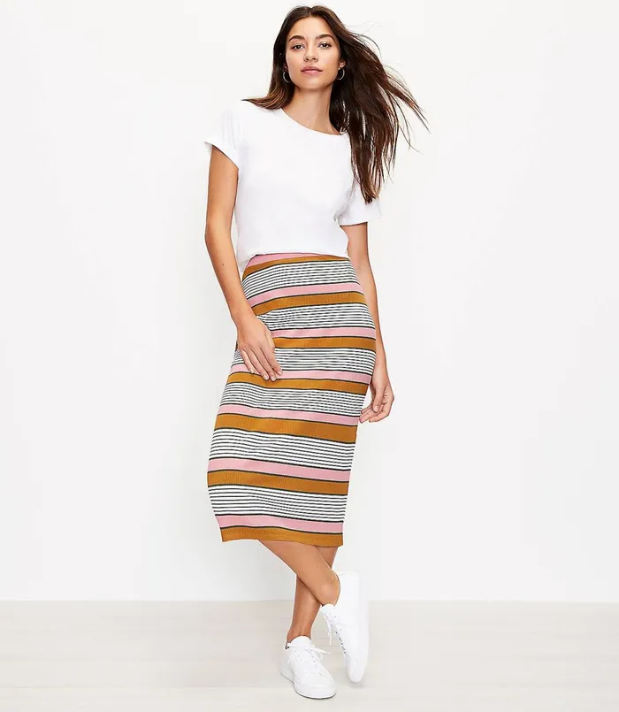 LOFT Striped Pull On Midi Skirt Wild Vine Women Skirts