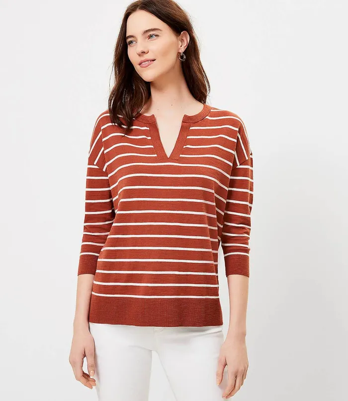 LOFT Striped Split Neck Tunic Sweater Black Women Sweaters
