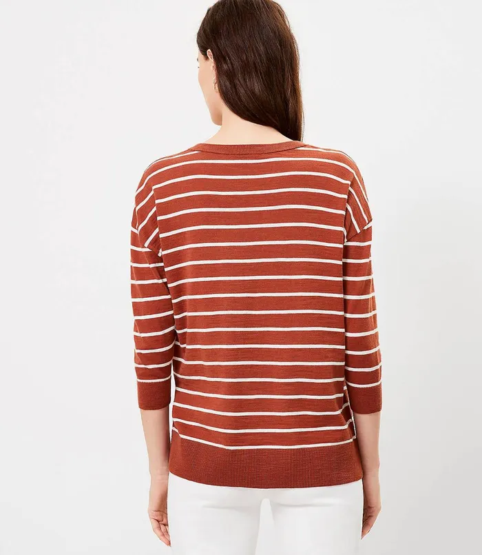 LOFT Striped Split Neck Tunic Sweater Black Women Sweaters