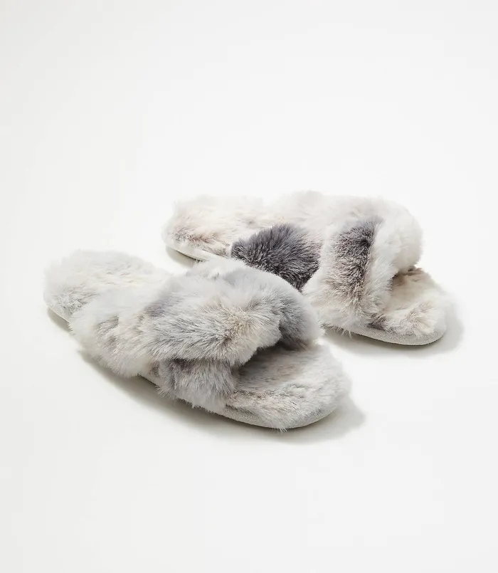 LOFT Tie Dye Criss Cross Faux Fur Slippers Light Pebble Women Shoes