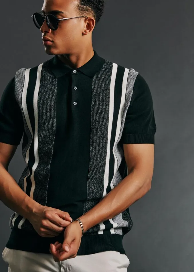 Men Ben Sherman Mod Knit Polos Birdseye Stripe Knit Polo 8211 Black