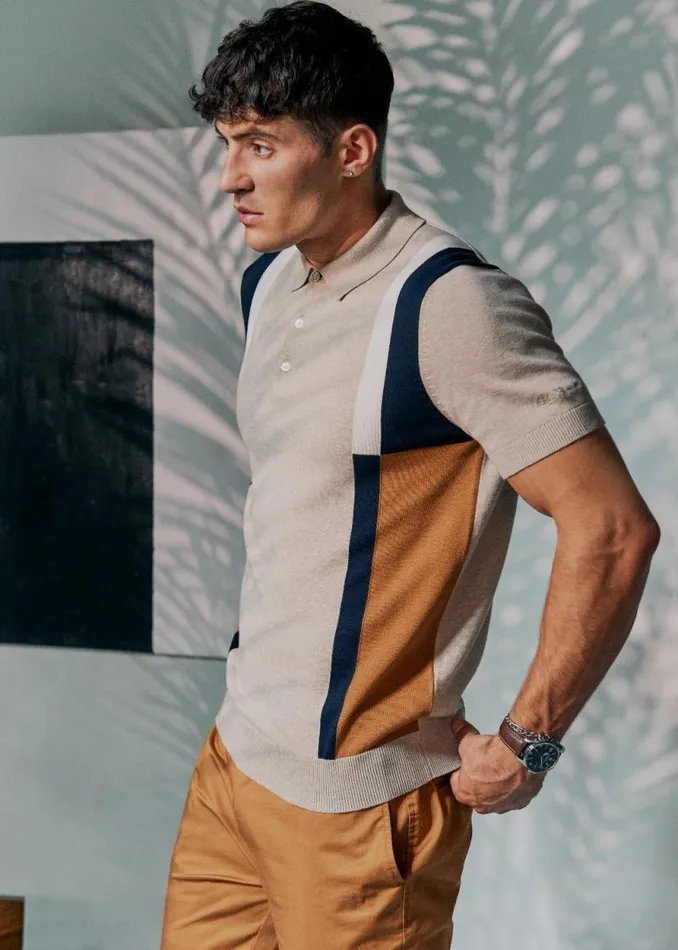 Men Ben Sherman Mod Knit Polos Signature Colorblock Mod Knit Polo 8211 Sand