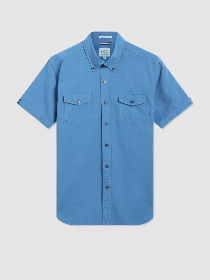 Men Ben Sherman Short Sleeve Shirts Garment Dye ShortSleeve Linen Shirt 8211 Parisian Blue