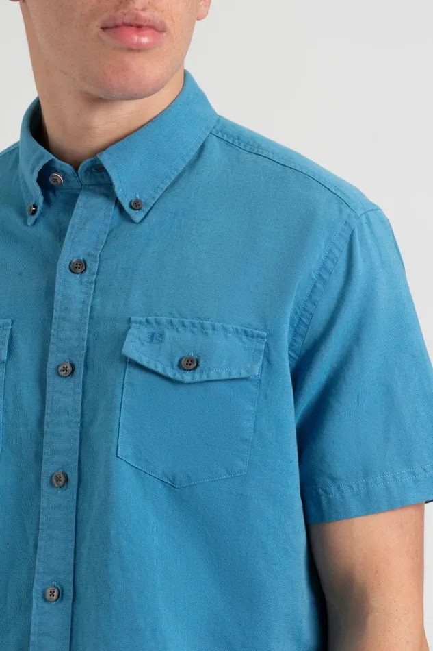 Men Ben Sherman Short Sleeve Shirts Garment Dye ShortSleeve Linen Shirt 8211 Parisian Blue