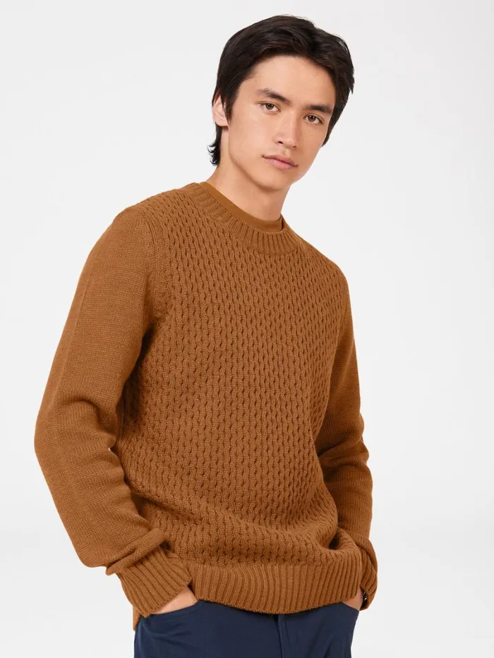 Men Ben Sherman Sweaters and Knits Aran Knit Crewneck Sweater 8211 Ginger