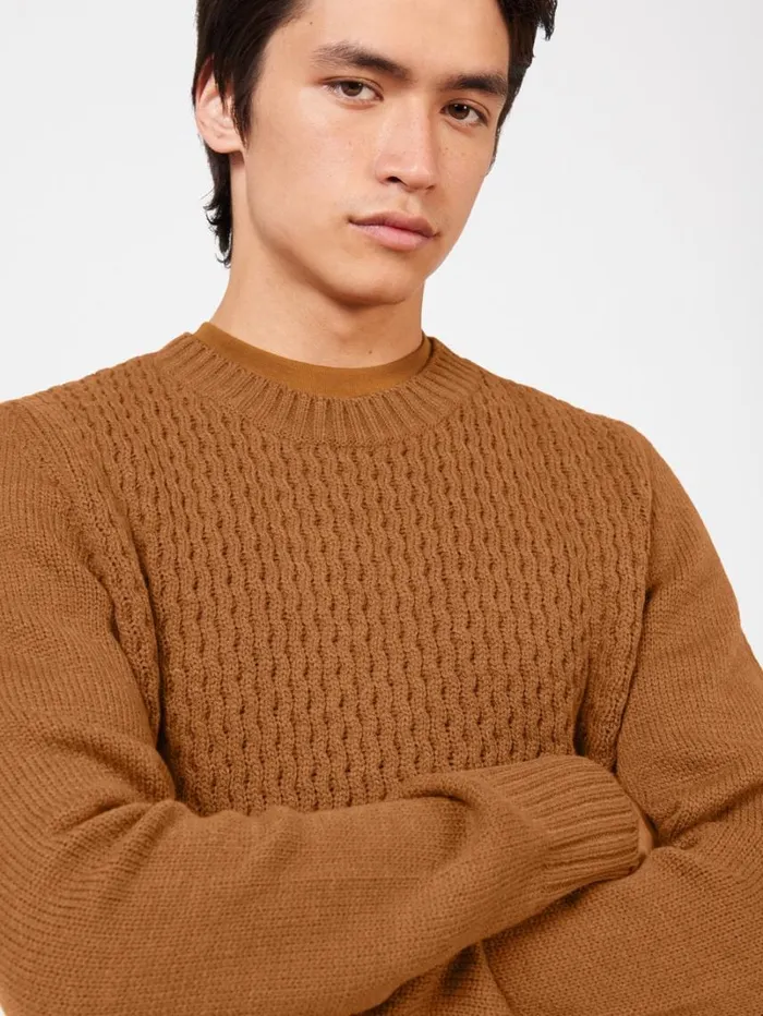 Men Ben Sherman Sweaters and Knits Aran Knit Crewneck Sweater 8211 Ginger