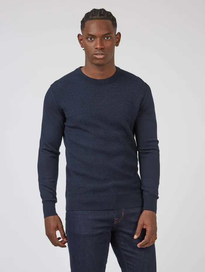 Men Ben Sherman Sweaters and Knits Textured Knit Crewneck Sweater 8211 Navy Men Ben Sherman Sweaters and Knits Textured Knit Crewneck Sweater 8211 Navy
