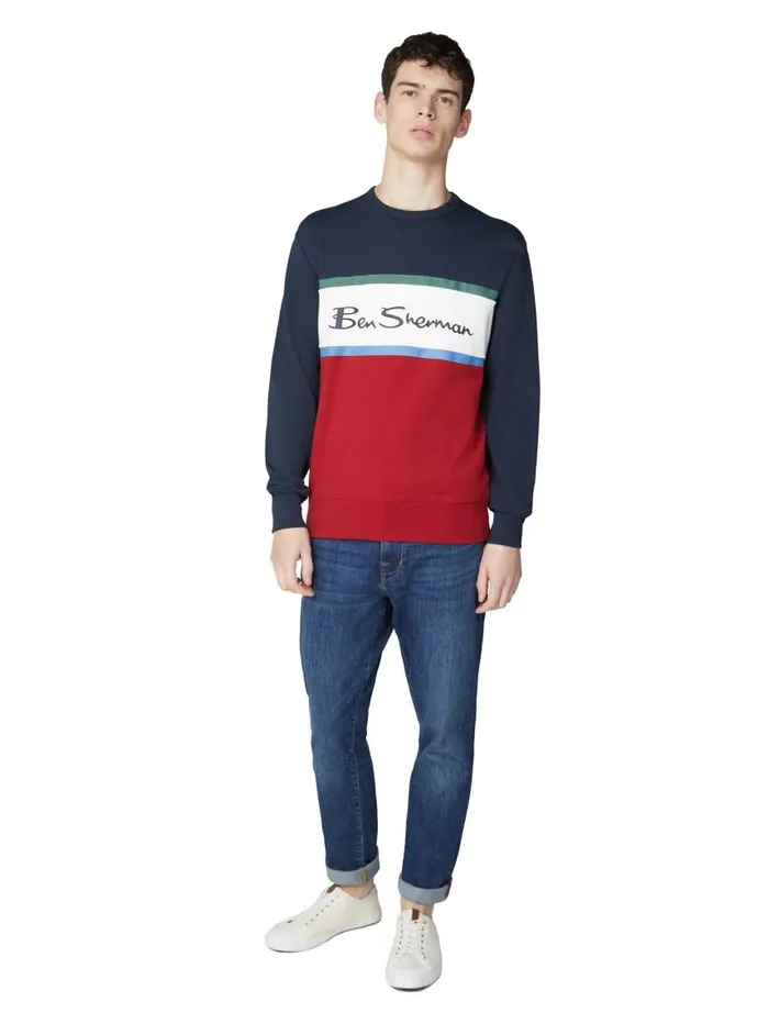 Men Ben Sherman Sweatshirts and Hoodies Color Blocked Logo Sweatshirt 8211 Dark Navy