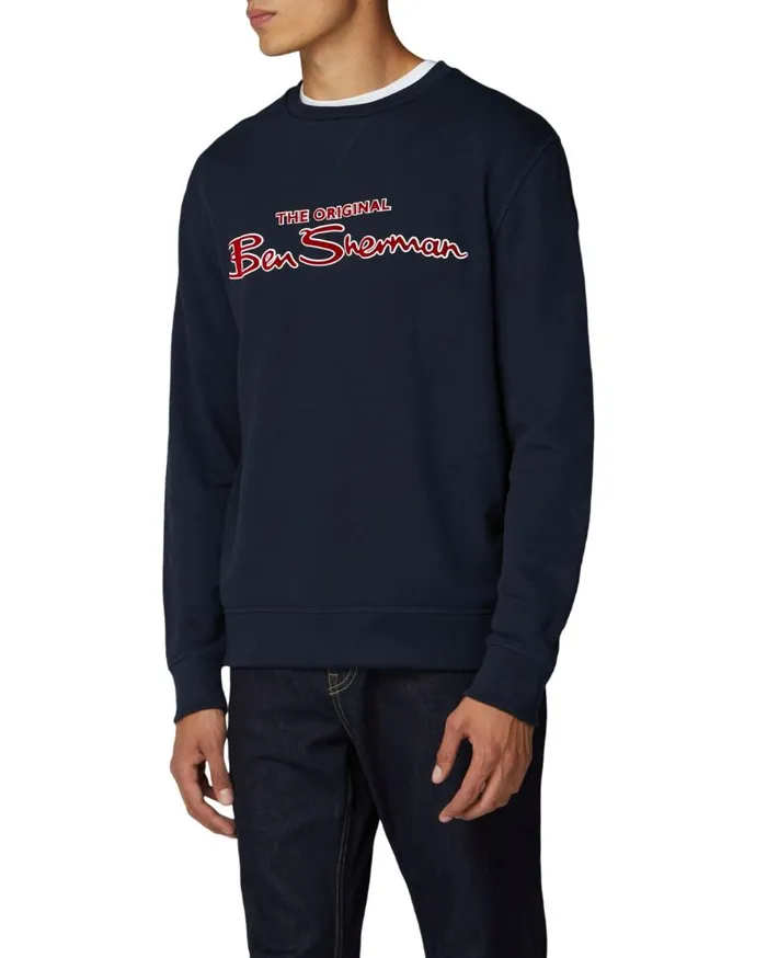 Men Ben Sherman Sweatshirts and Hoodies Crewneck Logo Sweatshirt 8211 Navy