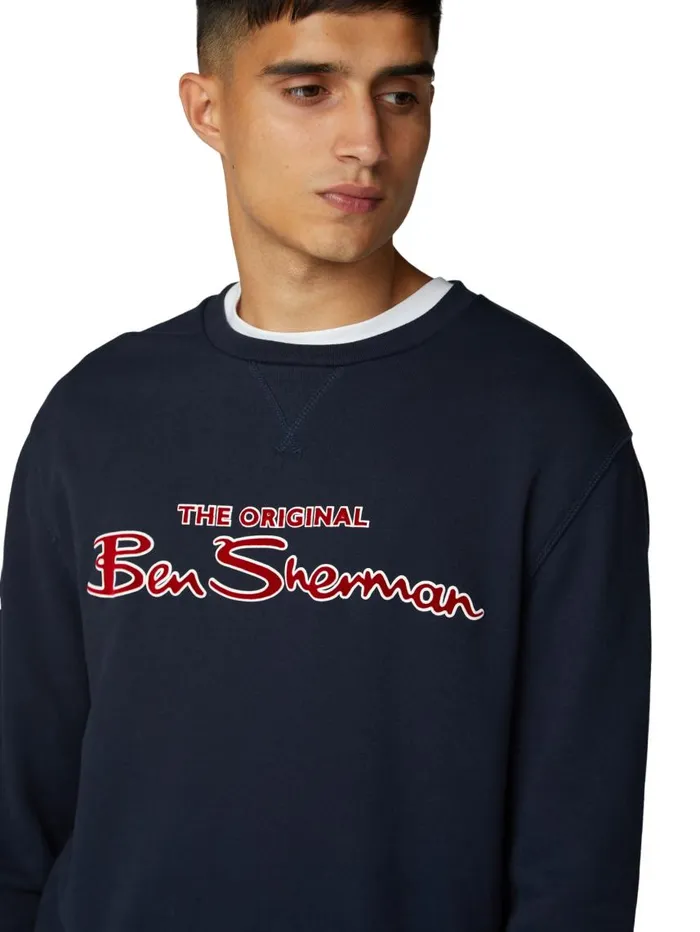 Men Ben Sherman Sweatshirts and Hoodies Crewneck Logo Sweatshirt 8211 Navy