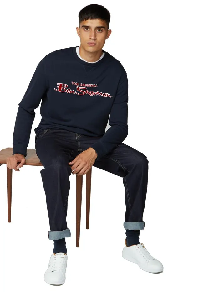 Men Ben Sherman Sweatshirts and Hoodies Crewneck Logo Sweatshirt 8211 Navy