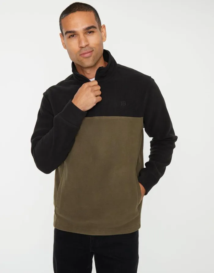 Men Black and Khaki Colourblock Quarter Zip Fleece Threadbare Quarter Zips