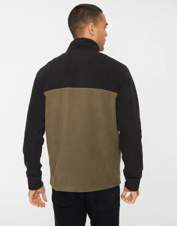 Men Black and Khaki Colourblock Quarter Zip Fleece Threadbare Quarter Zips Men Black and Khaki Colourblock Quarter Zip Fleece Threadbare Quarter Zips