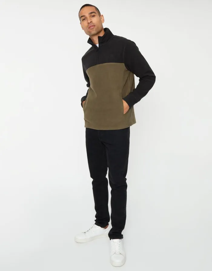 Men Black and Khaki Colourblock Quarter Zip Fleece Threadbare Quarter Zips Men Black and Khaki Colourblock Quarter Zip Fleece Threadbare Quarter Zips