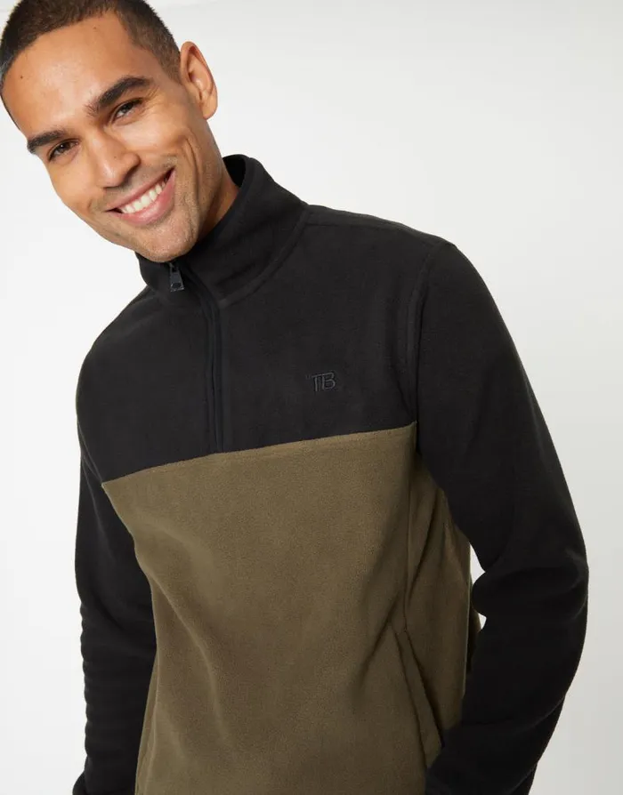 Men Black and Khaki Colourblock Quarter Zip Fleece Threadbare Quarter Zips Men Black and Khaki Colourblock Quarter Zip Fleece Threadbare Quarter Zips