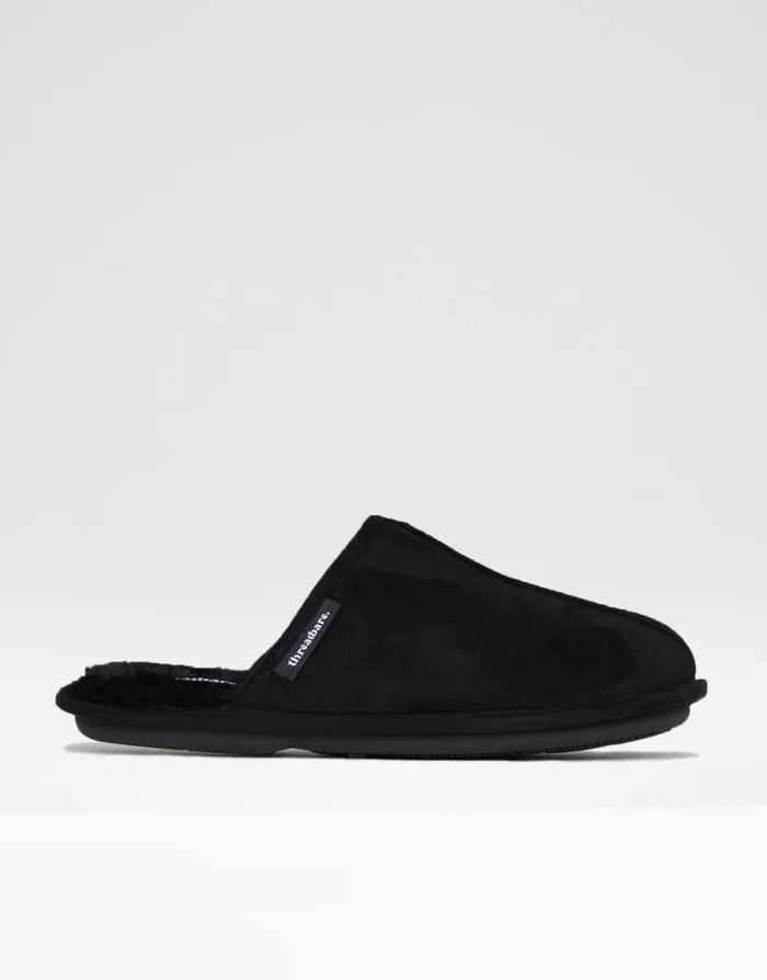 Men Black Suedette Mule Slippers With Faux Fur Lining Threadbare Slippers Men Black Suedette Mule Slippers With Faux Fur Lining Threadbare Slippers
