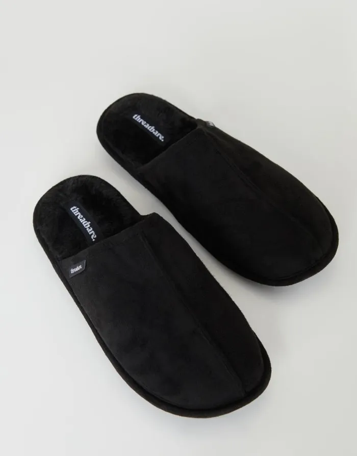 Men Black Suedette Mule Slippers With Faux Fur Lining Threadbare Slippers Men Black Suedette Mule Slippers With Faux Fur Lining Threadbare Slippers