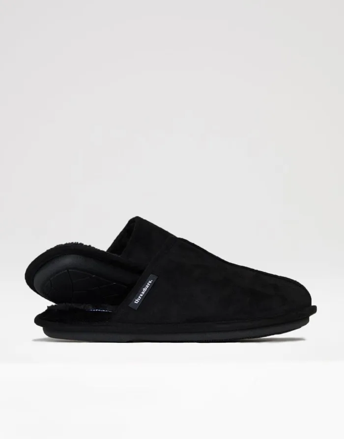 Men Black Suedette Mule Slippers With Faux Fur Lining Threadbare Slippers Men Black Suedette Mule Slippers With Faux Fur Lining Threadbare Slippers