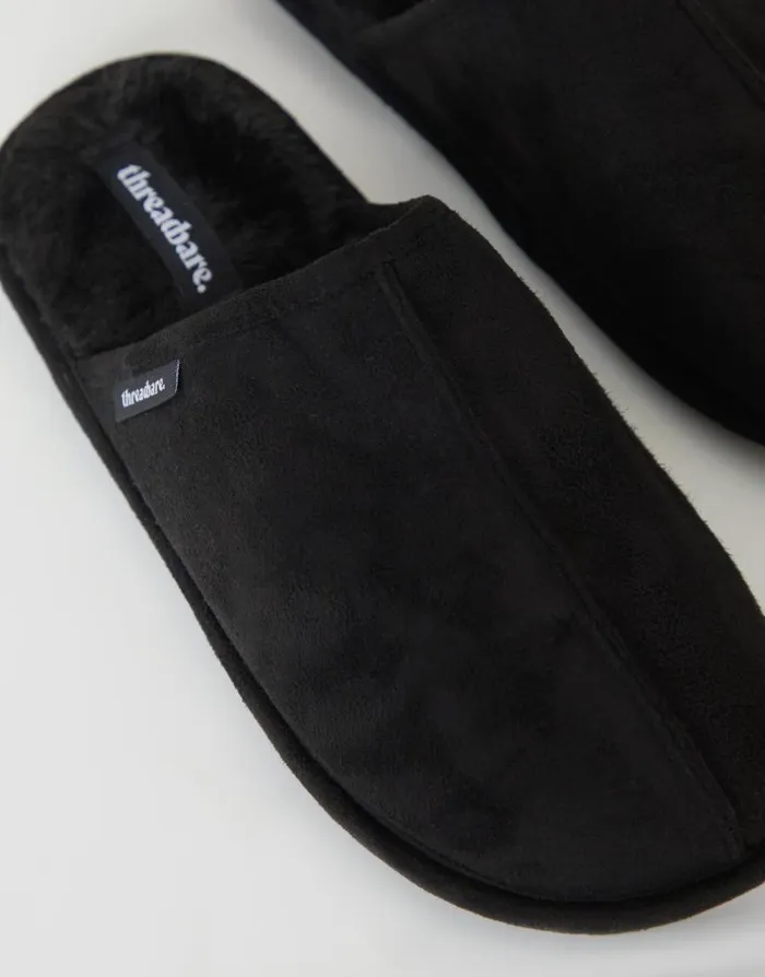 Men Black Suedette Mule Slippers With Faux Fur Lining Threadbare Slippers Men Black Suedette Mule Slippers With Faux Fur Lining Threadbare Slippers