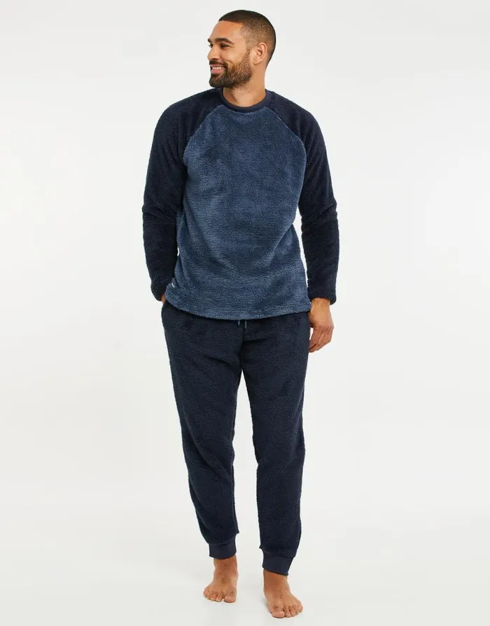 Men Blue Faux Borg Loungewear 2Piece Set Threadbare Pyjamas