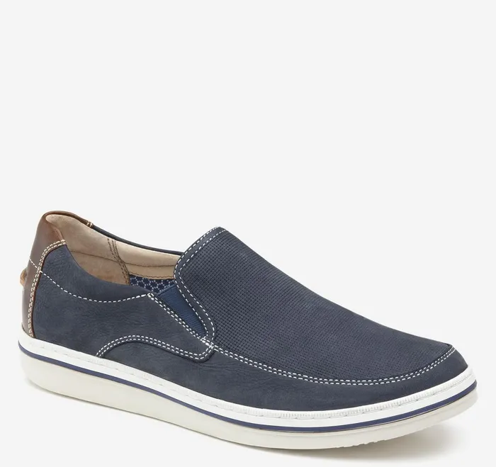 Men Bowling Moc Venetian Navy Embossed Tumbled Nubuck JohnstonandMurphy SlipOns and Loafers