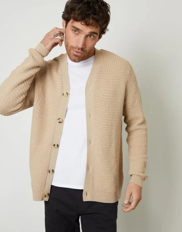 Men Brown Basket Stitch Cardigan Threadbare Cardigans