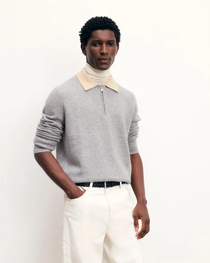 Men Cashmere Sweaters From Future TwoTone Polo Neck Zipper Sweater Dark Heather Gray