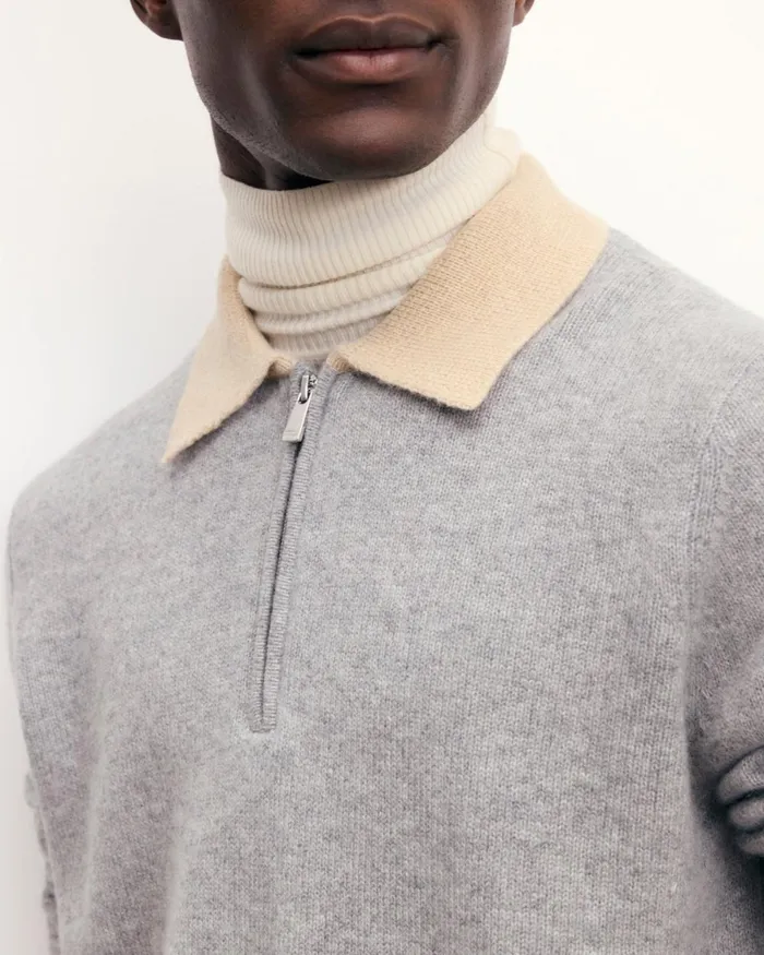 Men Cashmere Sweaters From Future TwoTone Polo Neck Zipper Sweater Dark Heather Gray
